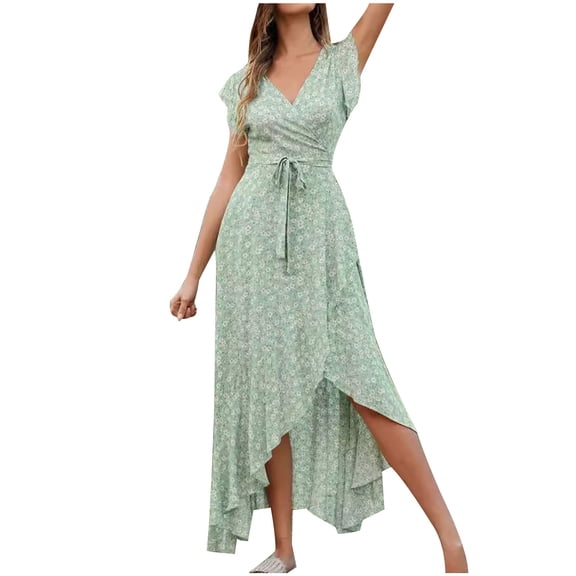 Womens Plus $15 & Under!Summer Plus Size Dresses for Womens 2024 Fashion Ruffle Bandage Casual V-Neck Print Short Sleeve Dress