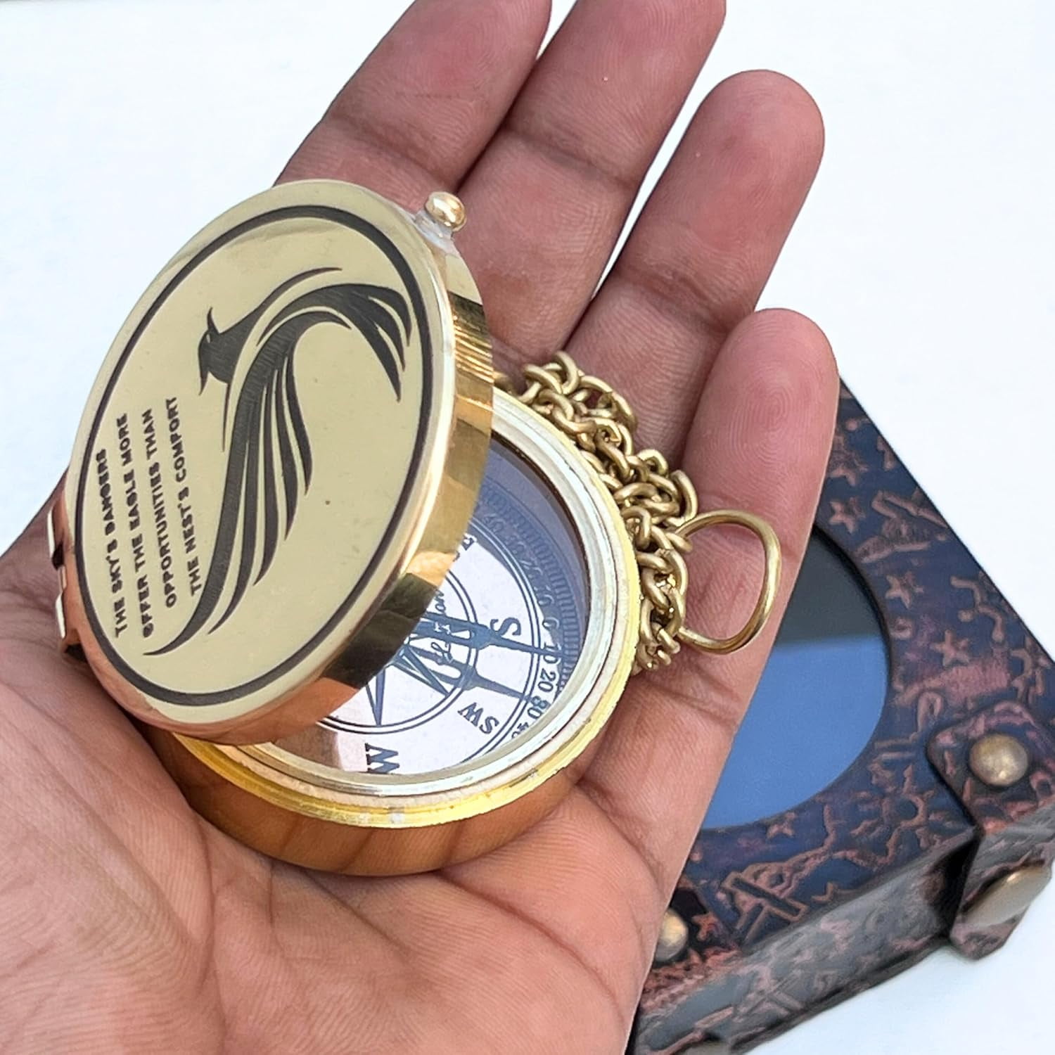 Shiny Brass Pocket Compass Engraved Flying Eagle with Quotes for Camping Hiking Travelling Magnetic Navigational Instrument Directional Device Collectible Item