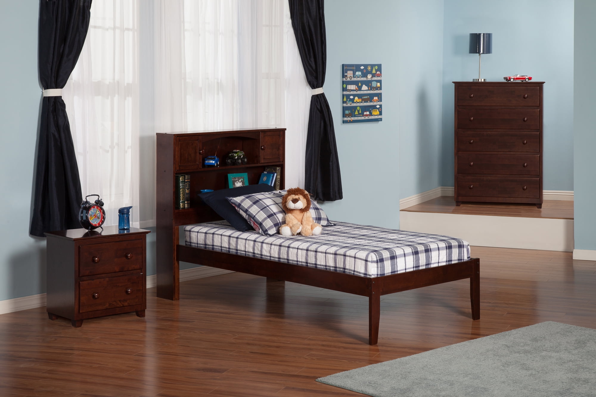 AFI Newport Twin Solid Wood Platform Bed with Storage Headboard, Walnut
