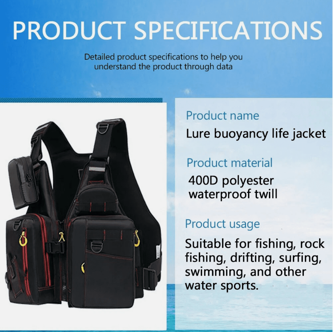 Adult Outdoor Life Jacket Vest for Fishing Kayaking Boating Sailing Water Sports Multiple Storage Pockets Buoyant Material Black/White