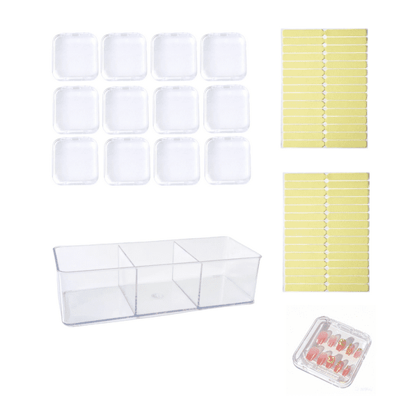 Press on Nail Storage Set, 12 pcs Large 3.4" Boxes, 60 pcs Upgrade Adhesive Tapes, Clear Organizer with 2 Dividers