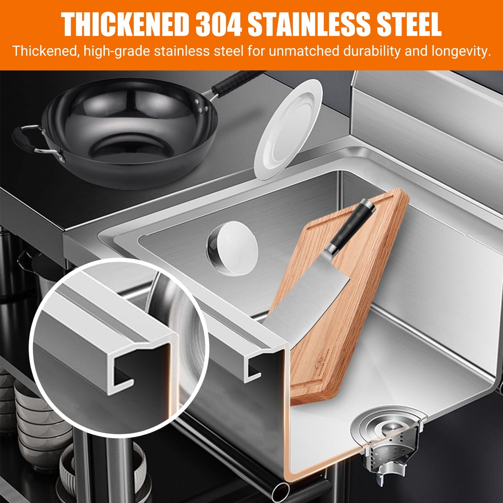 Stainless Steel Utility Sink, Freestanding Single Bowl Kitchen Sink with Cold and Hot Water Pipes/Pull-Out Faucet/Storage Shelf, Commercial Laundry Sink for Indoor Outdoor