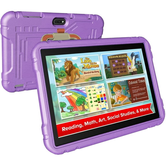 Easyonlife Kids Tablet 10 Inch 64GB Android 14 Tablet for Kids Ages 3-12 with WiFi, Google Kids Space Parental Control APP Children Tablets with Case Purple