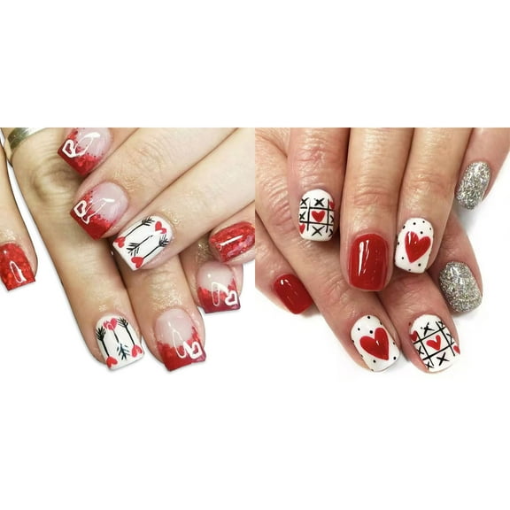 48 Pieces Valentine's Day Sparkling Heart Glitters Press On Nail Short Square Glossy Designs for Fashionable Women
