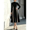 thumbnail image 3 of Women High Neck Long Sleeve Midi Dress, Color Block Contrast Panel A Line Flared Dress, Elegant Formal Dress for Business Wedding Party, 3 of 8