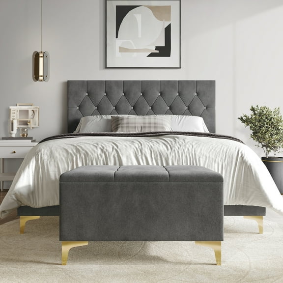 Castle Place Contemporary Crystal Twin Size Velvet Upholstered Bed with Storage Bench, Light Grey