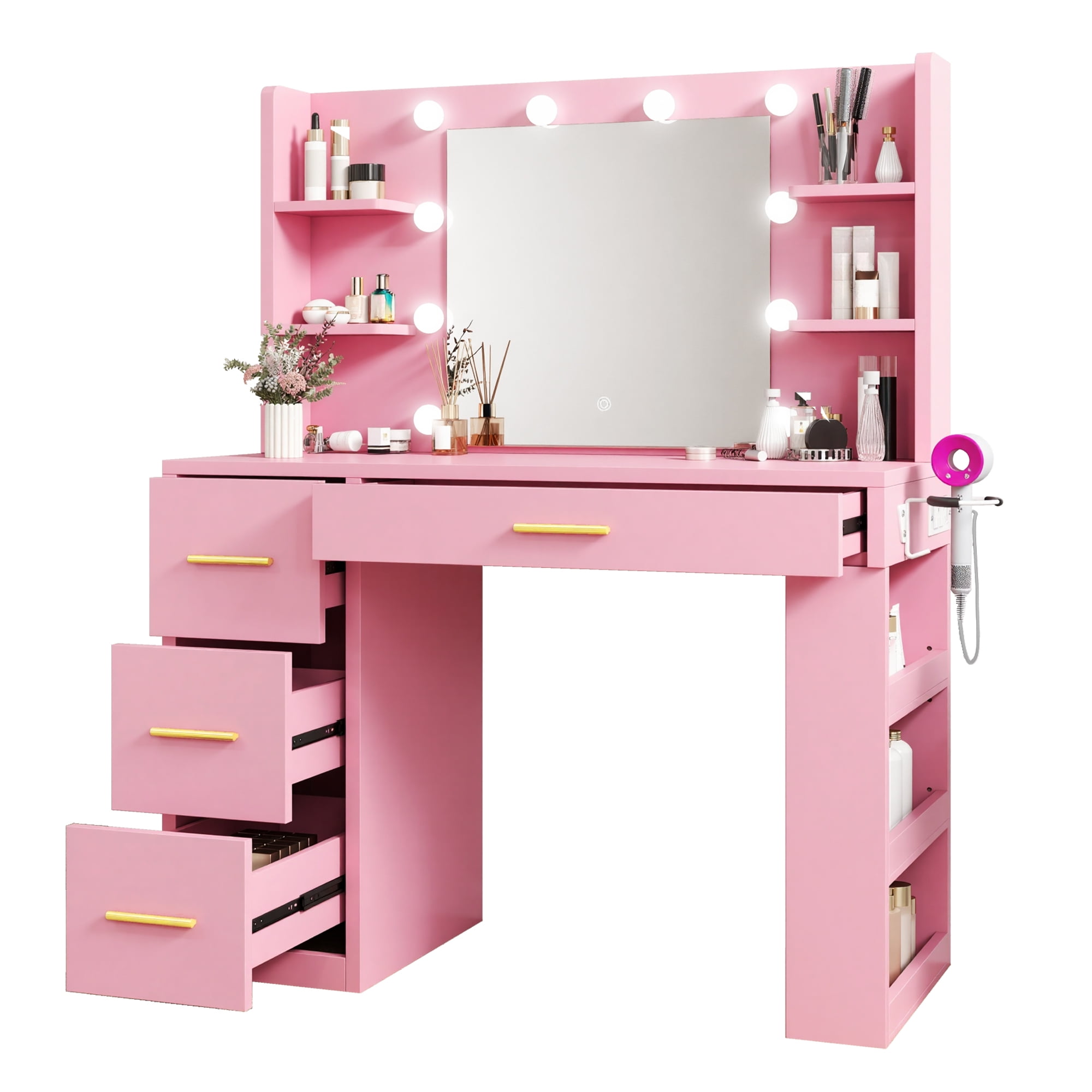 Uforic Engineered Wood 40" Pink Makeup Vanity Desk with LED Mirror, 4 Drawers, Hair Dryer Holder, and Shelves