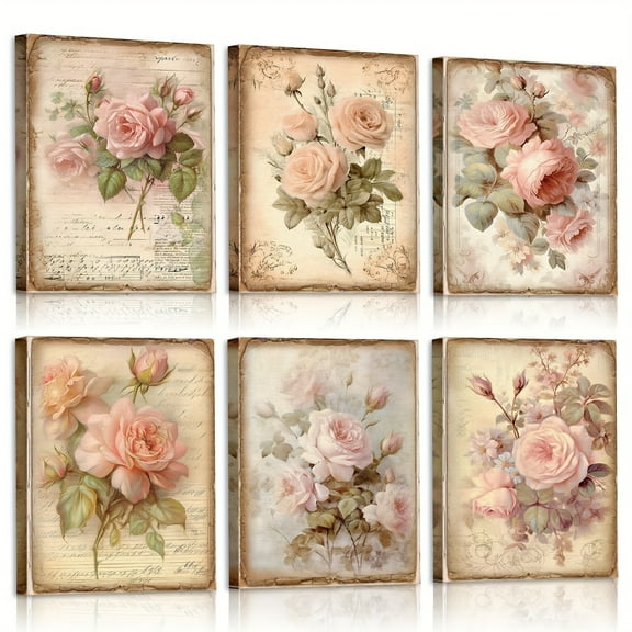 6pcs Framed Vintage Flowers Canvas Wall Art Pink Rose Wall Decor Retro Floral Pictures Farmhouses Decor For Home Office Bedroom Plant Printing Painting, 8 X 10 Inch