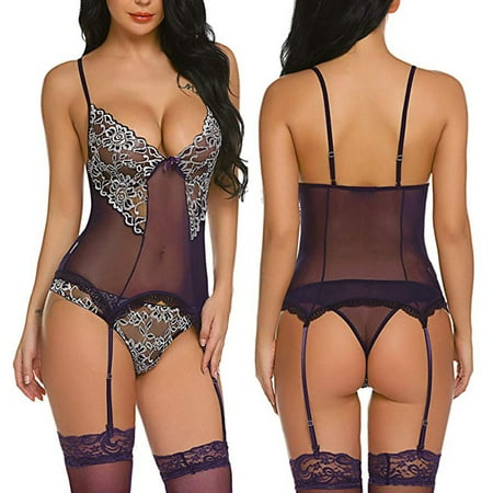 

CFXNMZGR Lingerie For Women Splice Embroidery Lace Bodysuit Lingerie With Garter Jumpsuit Underwear Nightgowns For Women