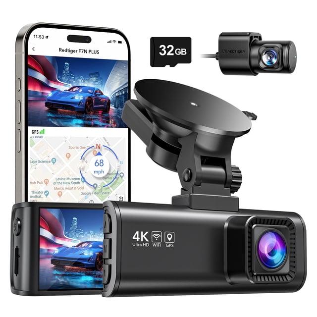 REDTIGER 4K Dashcam para Auto, WiFi GPS, SD 32GB Incluida, Pantalla IPS de 3.18", 170° Gran Angular, Visión Nocturna, Grabación en Bucle, Sensor G, Monitor de Aparcamiento, Soporta 256GB MAX