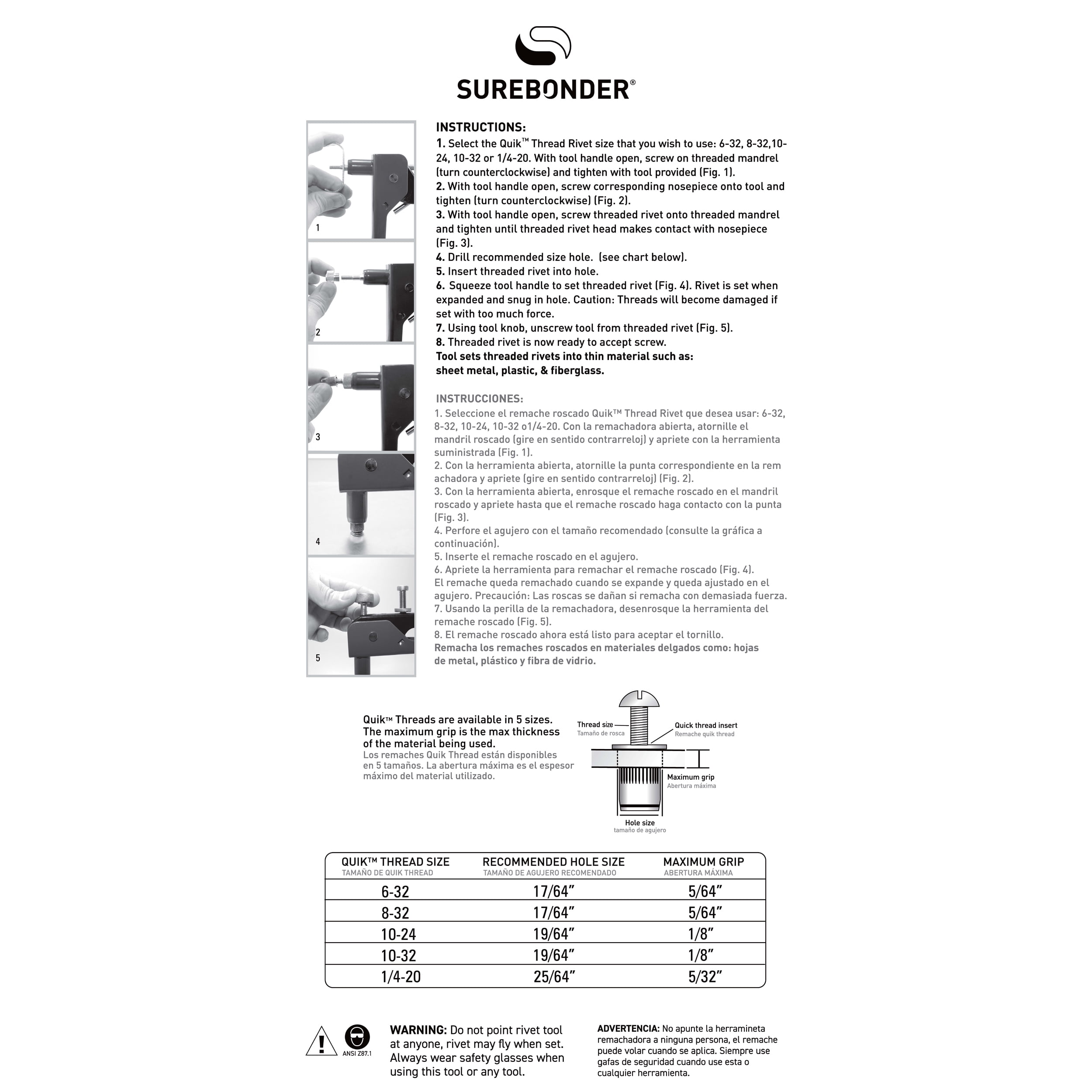 Surebonder Threaded Insert Tool For Metal, Fiberglass, Plastic - Includes 5 Sizes of Threaded Mandrels & Nose Pieces (8510)