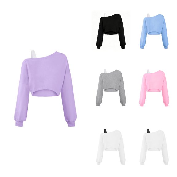 Krdevn Asymmetrical Off-the-Shoulder Long Sleeve Crop Sweatshirt (Big Girls),15-16 Years