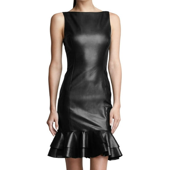 100% Lambskin Leather Beautifully Designed Stylish Black Color Partywear Dress For Women