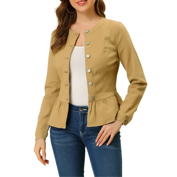 MODA NOVA Juniors Round Neck Button Down Ruffled Hem Cropped Washed Denim Jacket