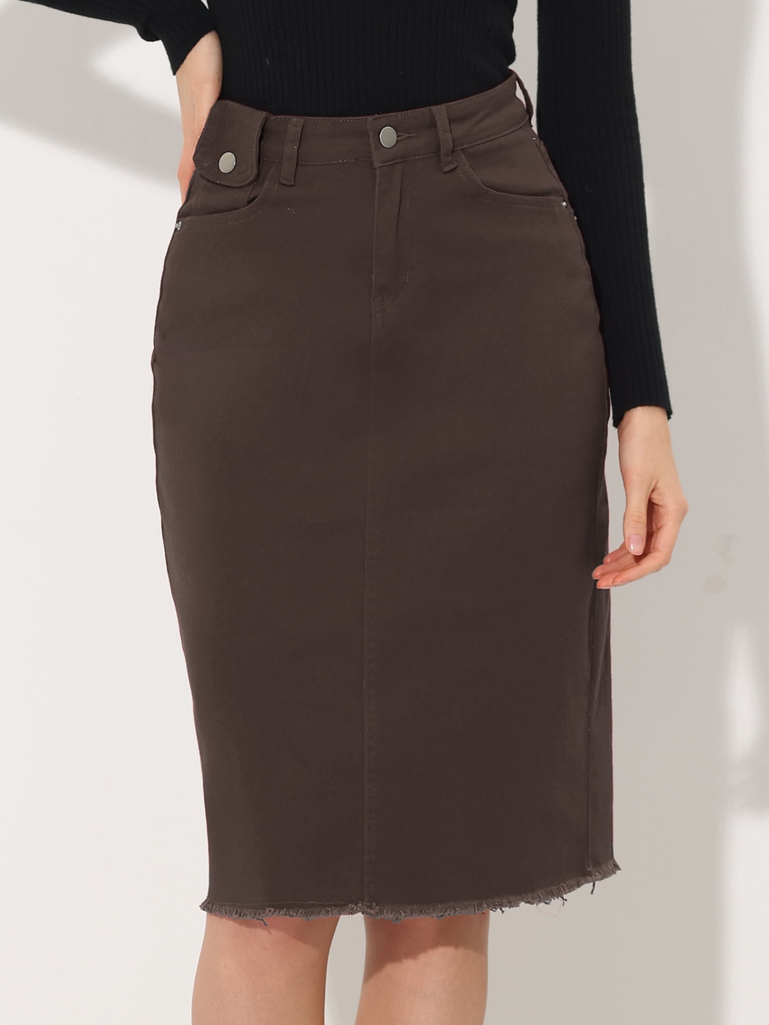 DARING DIVA Women's Jean Back Vent Midi Length Denim Skirts XS Dark Brown