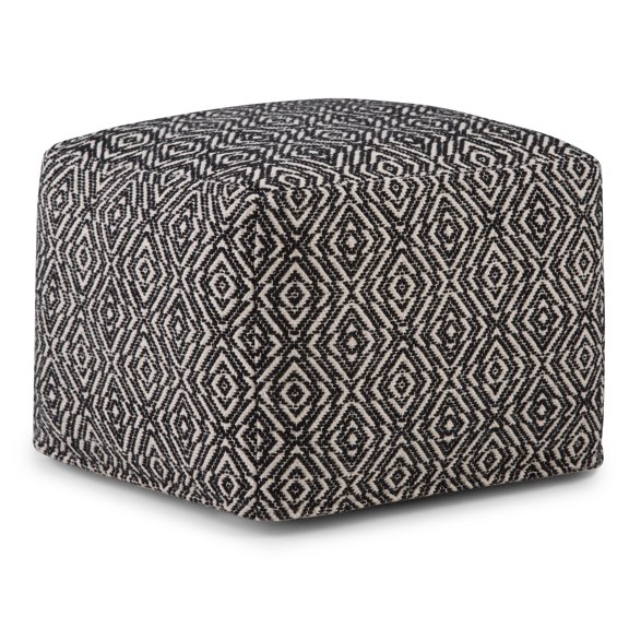 Simpli Home Graham Square Pouf in Patterned Black, Natural Cotton