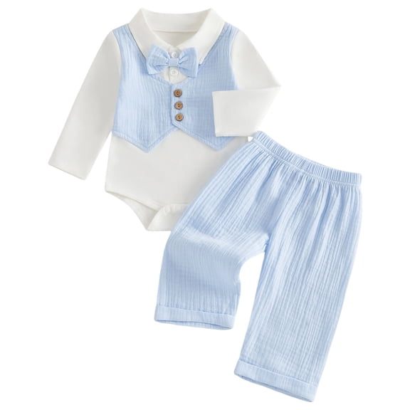 Ulanda Newborn Baby Boy Dress Clothes Fake Two-Piece Long Sleeve Romper Shirt Bowtie Pant Set Gentleman Suit Fall Outfit (Blue, 0-3 Months)