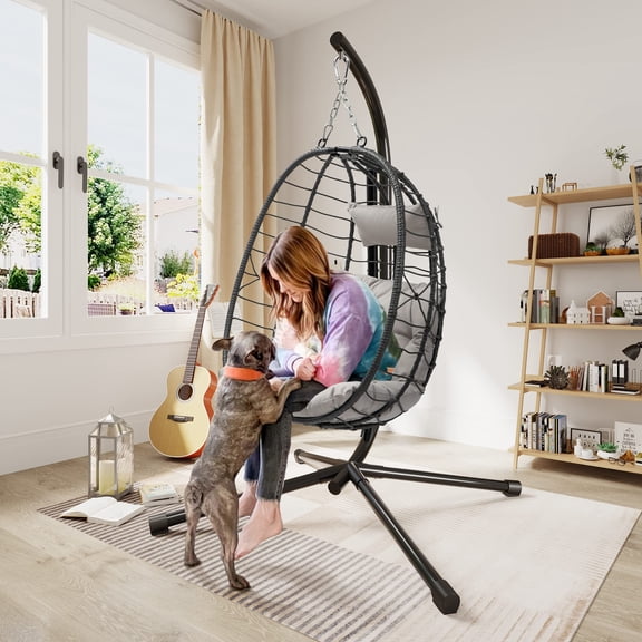 Uforic Wicker Egg Swing Chair with Stand & Cushion, 330lbs Capacity, Beige