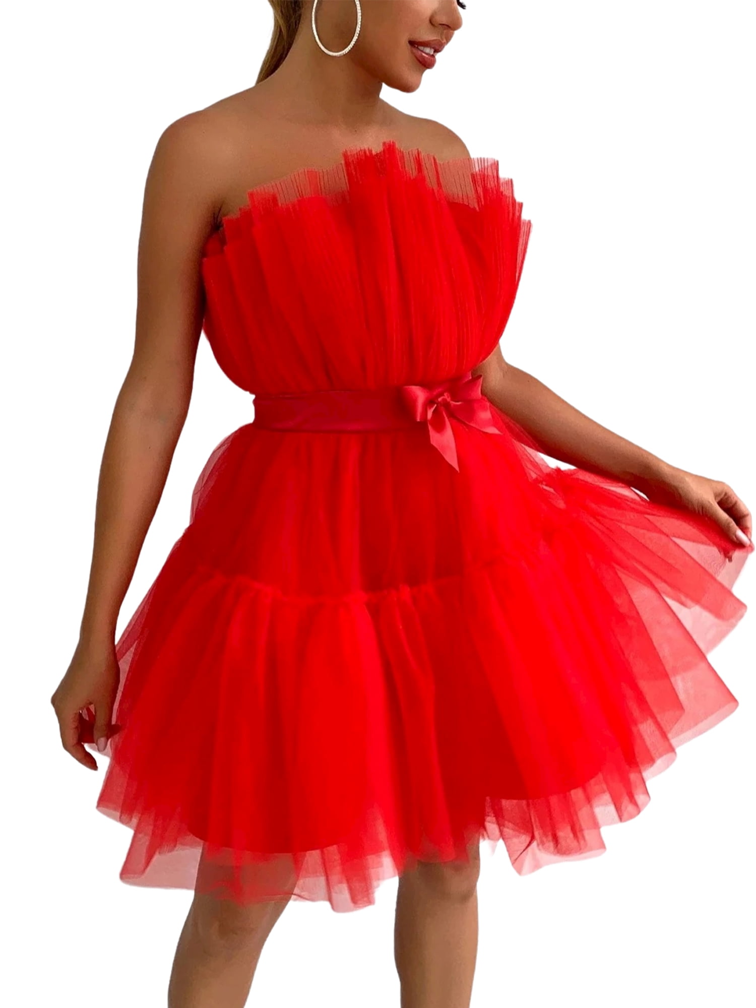 JustVH Women Strapless Solid Color Bow Gauze Ball Gown Backless Party