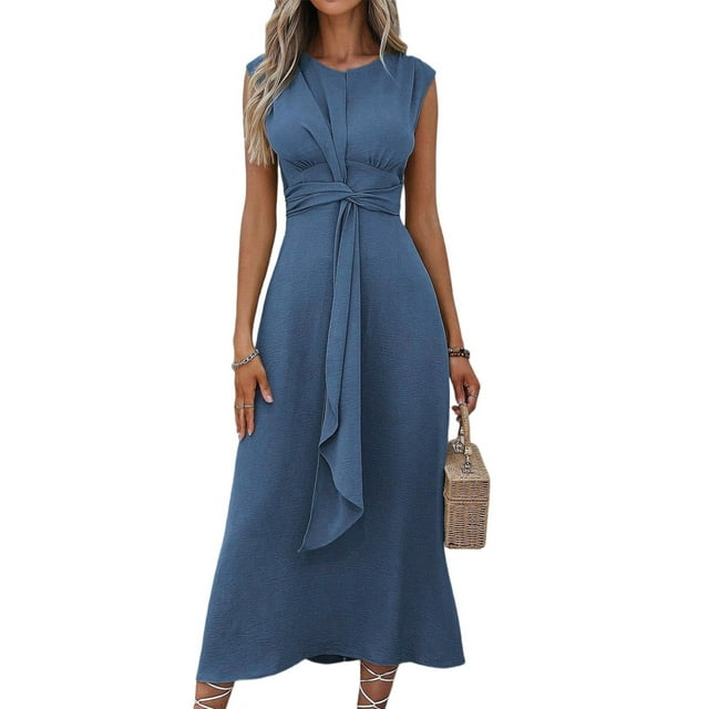 Robe Midi T-Shirt Sans Manches Décontractée d'Été pour Femmes, Coupe Ajustée, Taille à Nouer, Débardeur, Longues Robes, Bleu Brume, S