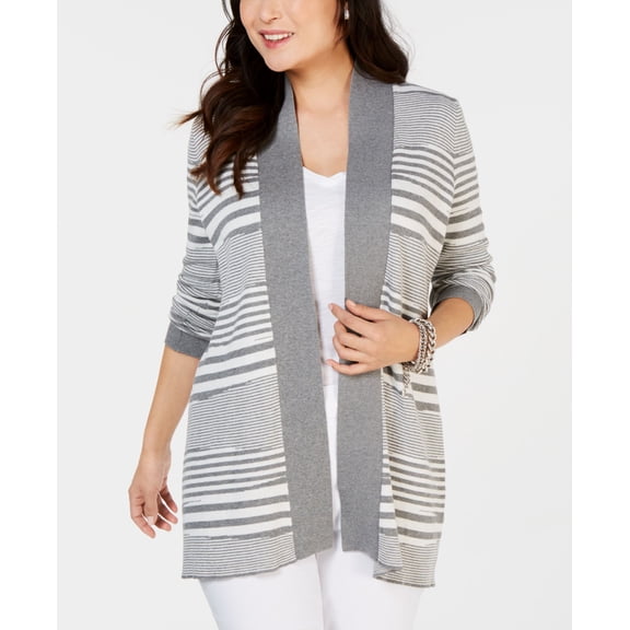Charter Club Petite Striped Sweater Cardigan Mid Heather Grey Combo PS