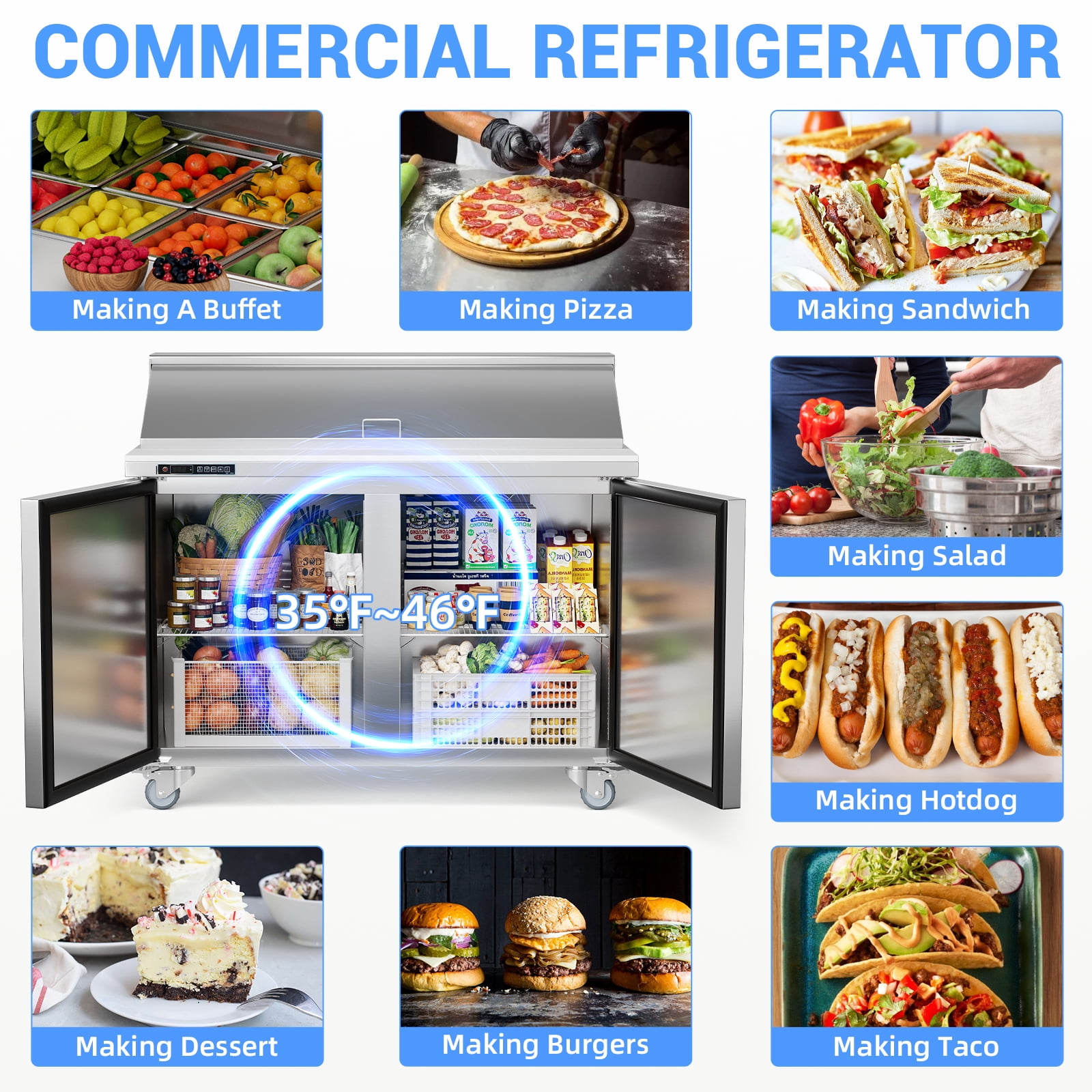 48" W 2 Door Refrigerator Sandwich & Salad Prep Table Commercial Top Refrigerator Stainless Steel Counter Fan Cooling with 12 pans-48 Large Capacity Inches for Restaurant