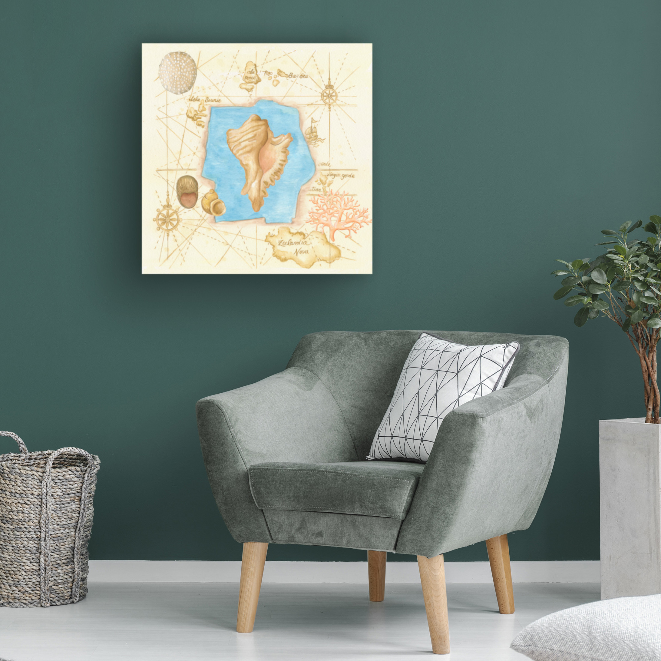 Canvas Wall Art - Andrea Strongwater 'Conch On Map' Wall Art for Living Room, Bedroom, or Office Décor by Trademark Fine Art - 14 x 14 Inches