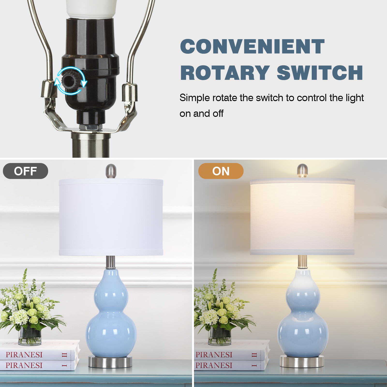 Cinkeda Ceramic Table Lamps 22 Inch, Set of 2, Light Blue photo 3