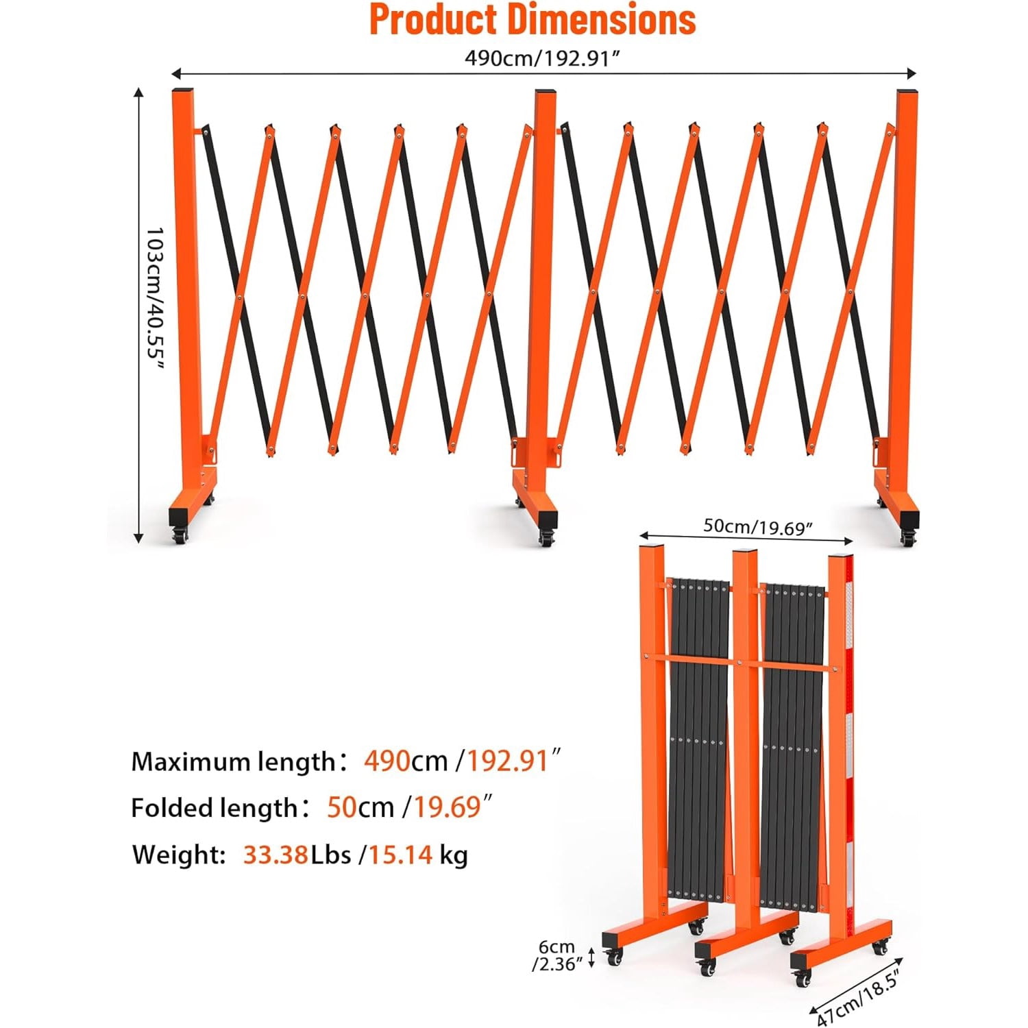 Easily Assembled Metal Expandable Barricade Gate,16FT Folding Safety Barrier Gate,Outdoor Flexible Mobile Barrier Gate,Orange