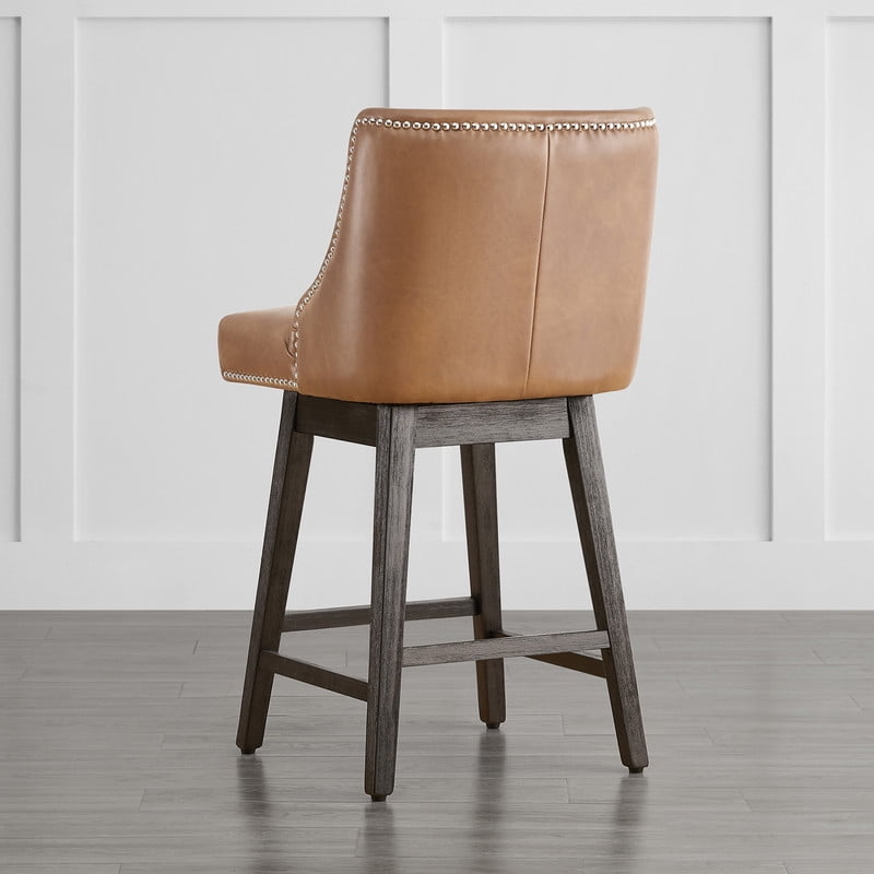 CHITA 26 inch Swivel Upholstered Counter Height Bar Stools with Full Back Set of 3,Faux Leather in Cognac Brown