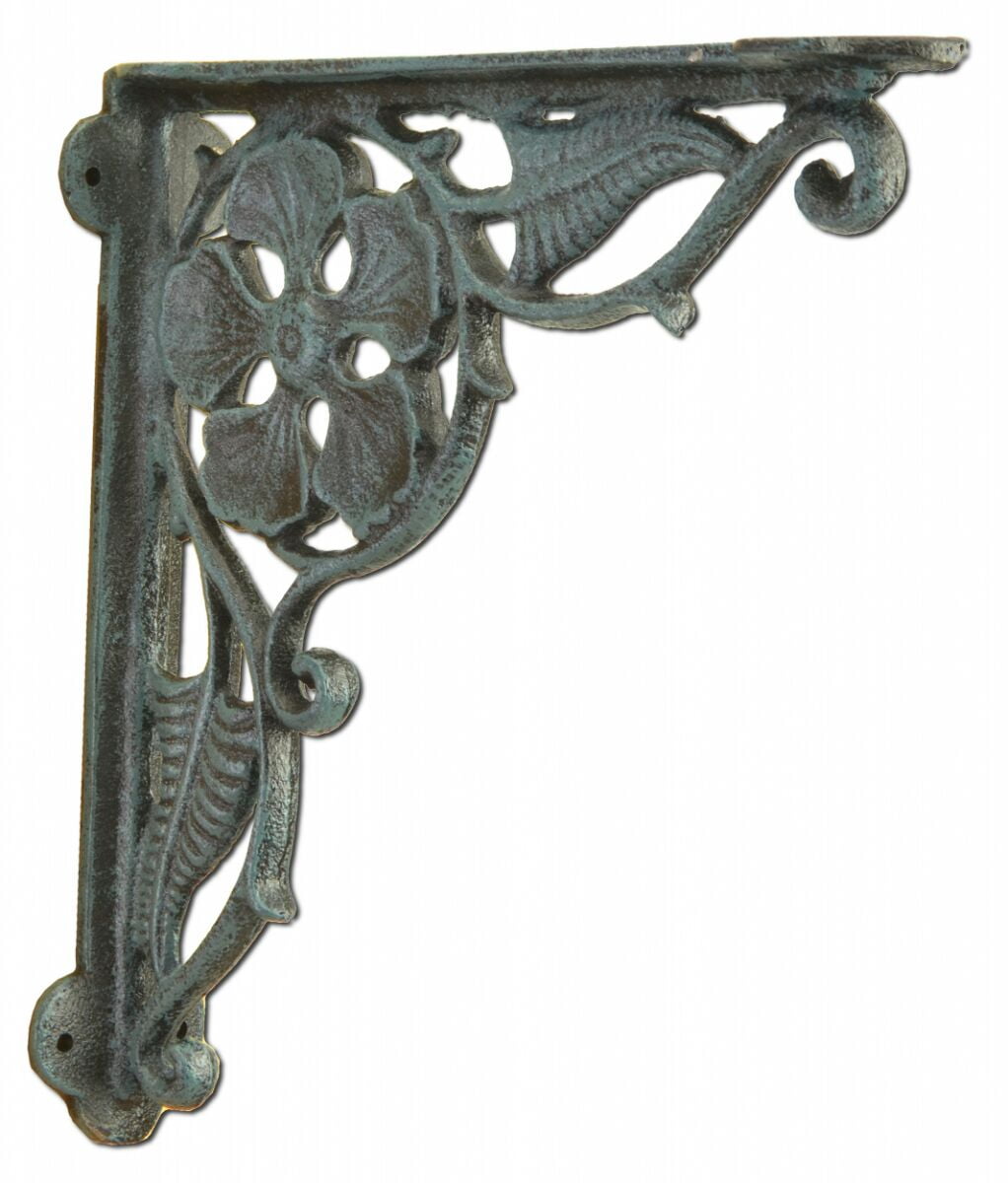Floating Shelf Wall Bracket Flower Leaf Design Distressed Blue Cast Iron 9.375" Deep by Flag Emotes