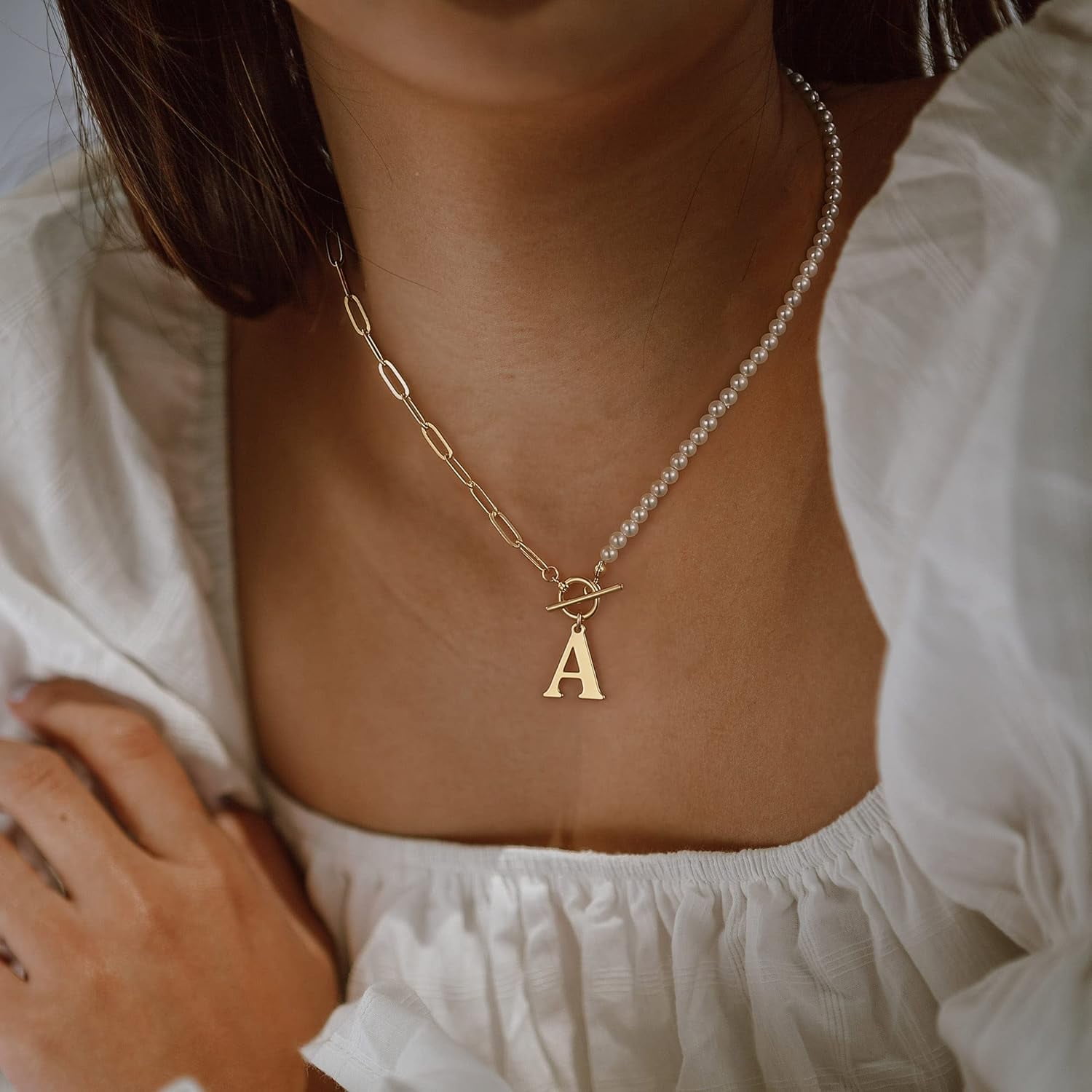Gold Initial Pearl Necklace For Women, 14K Gold Plated Paperclip Link Chain Necklace Choker Toggle Clasp Necklace Dainty Pearl Chain Necklace Initial Pendant Necklaces For Women Gold Jewelry[o5075]