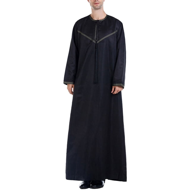 Birdeem Mens Muslim Robe Arab Middle Robe Pattern Ear Long Sleeve Standing Neck Fashion Casual Robe