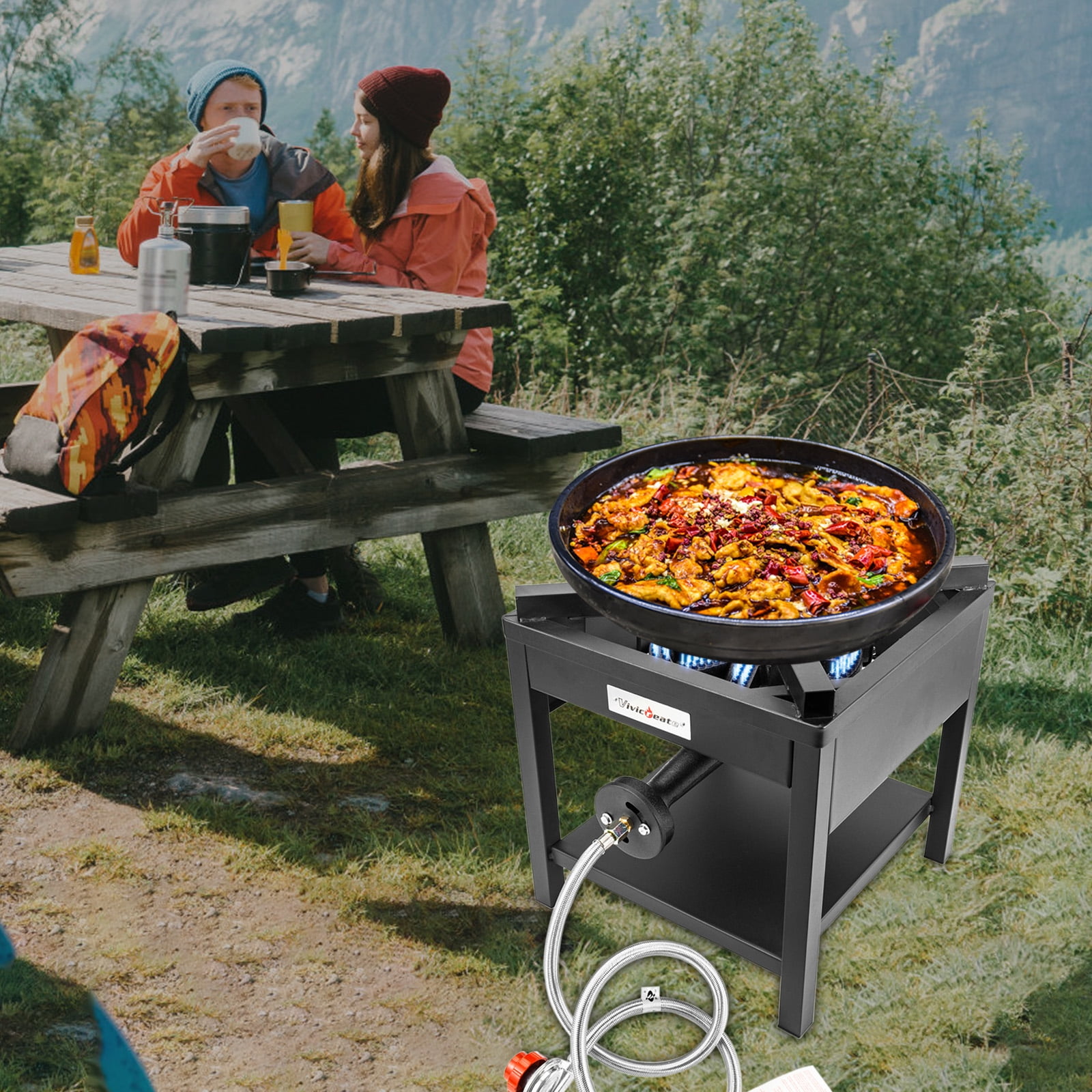GOLDDOMUS Square Heavy Duty Outdoor Stove Propane Gas Cooker with 20PSIG Regulator & Steel Braided Hose for Home Outdoor Camping