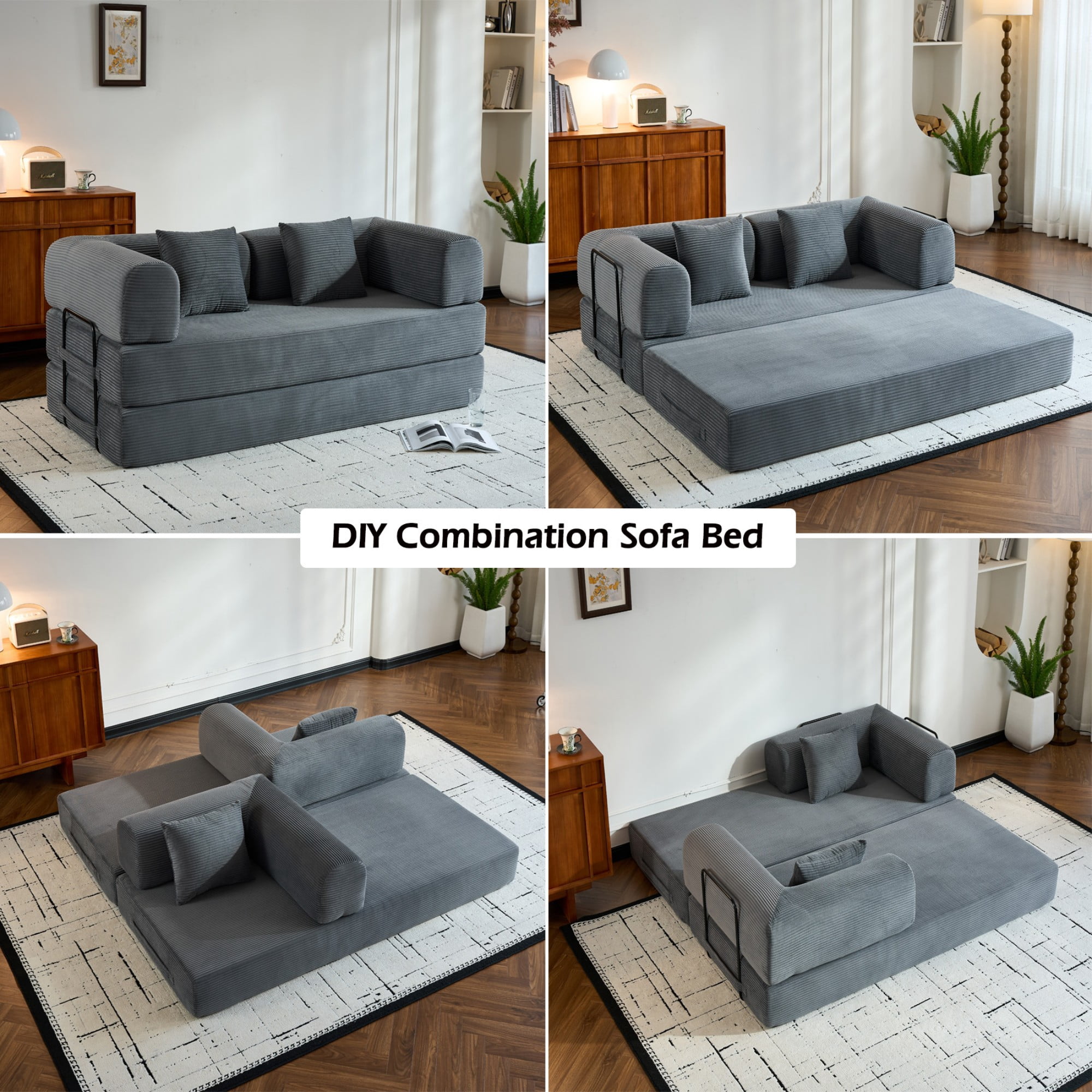 BSHTI 77" Corduroy Convertible Sleeper Sofa Bed with Cylindrical Pillow, No Assembly, Small Space for Living Room（Gray）