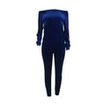 thumbnail image 3 of MintLimit Women Long Sleeve Solid Velvet Off-shoulder Pullover Pants Fashion Tracksuit Set Blue L, 3 of 3