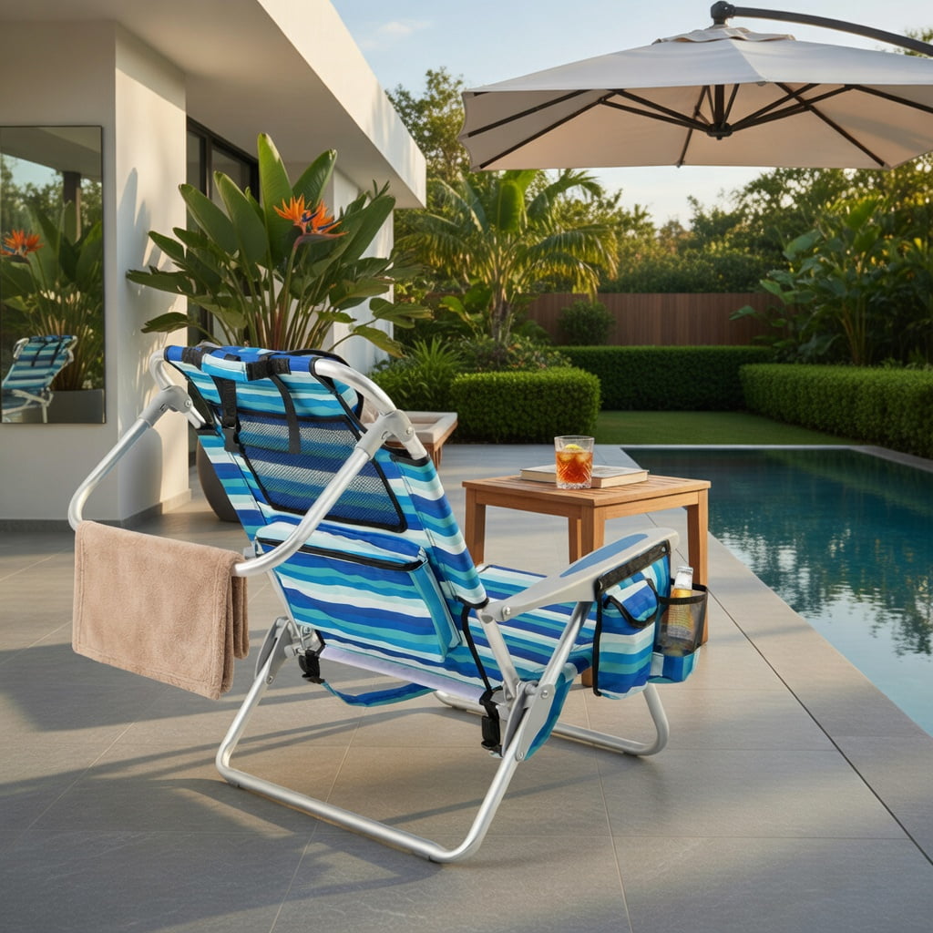 Hommoo Premium Folding Beach Chair for Adults, 4-Position Adjustable Backrest, Lightweight Aluminum Frame, Oxford Fabric Seat, Built-in Cooler Bag & Towel Bar, Blue