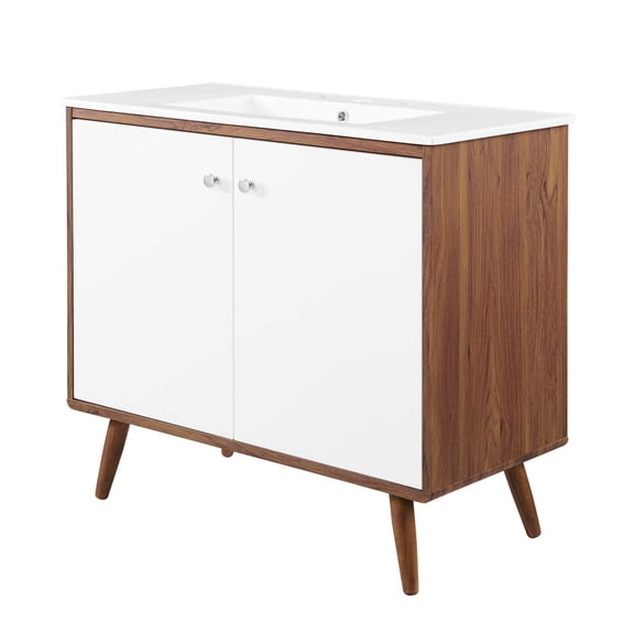 Sink Vanity Cabinet, Wood, Brown Walnut White, Modern Contemporary Urban Design, Hotel Bedroom Bathroom Master Suite Guest