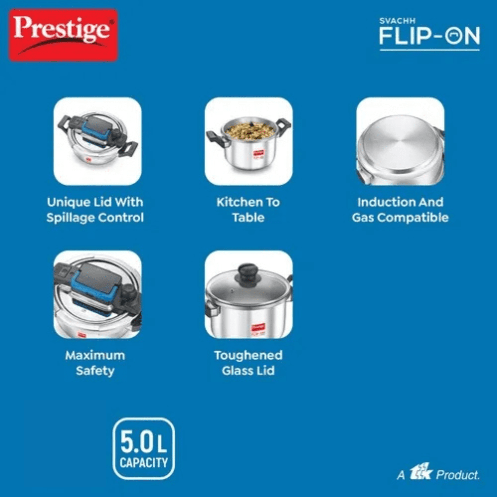 Prestige Svachh Flip-on Stainless Steel Pressure Cooker with Glass Lid, 5L, Silver