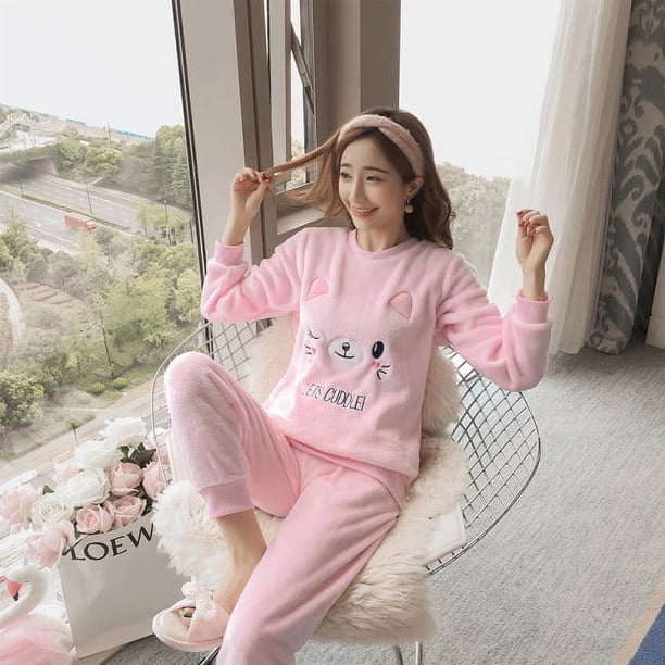 Pijama de franela de invierno, jersey de polar coral, pijama de mujer con dibujos animados gruesos, traje de casa para mujer, además de polar de invierno