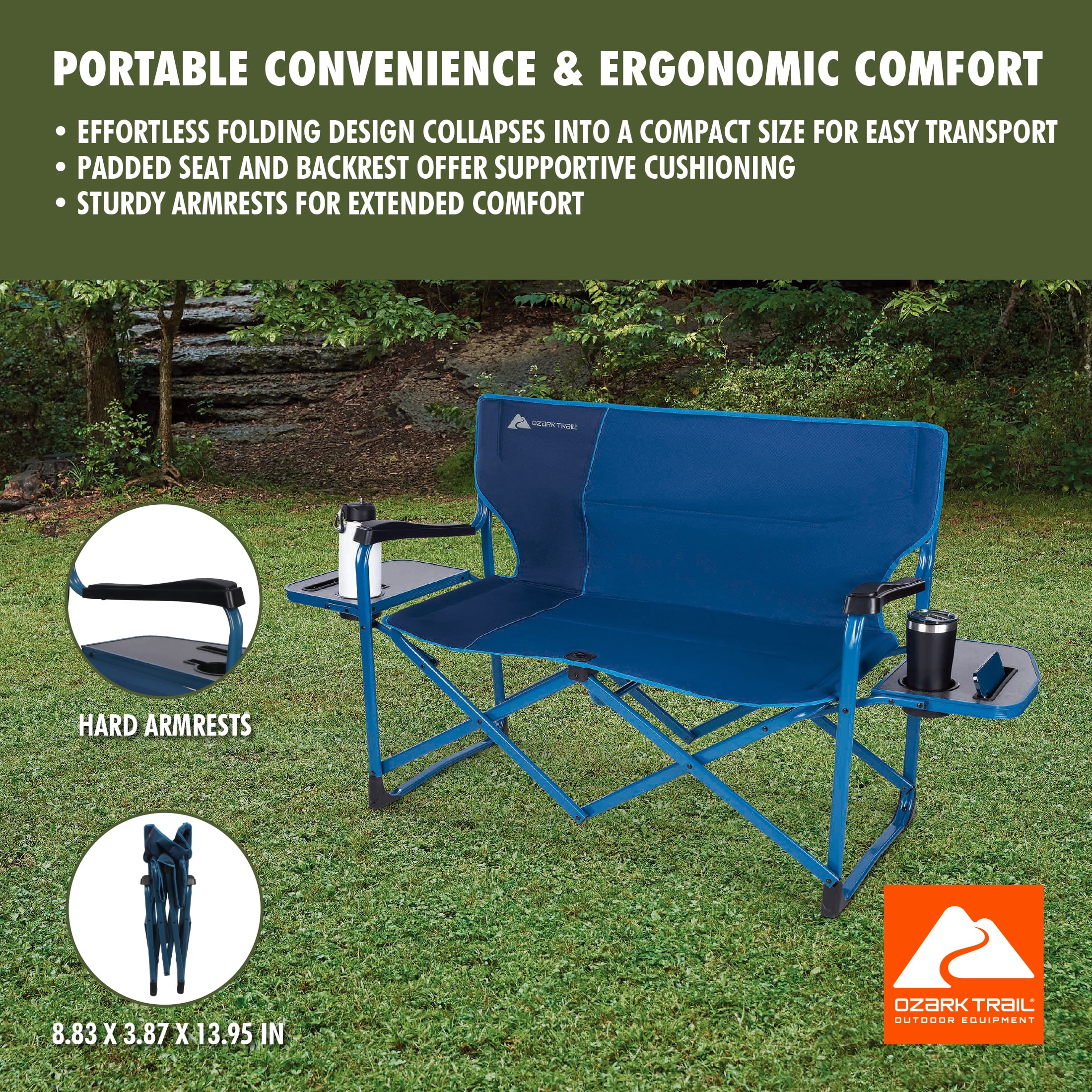 Ozark Trail Director's Camping Loveseat with Side Tables, Blue
