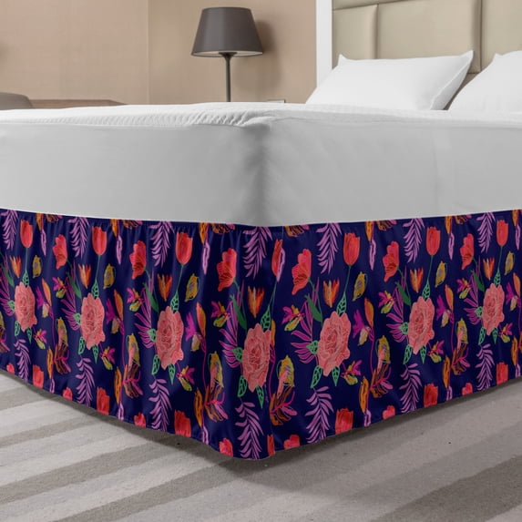 Exotic Bed Skirt, Digital Art Elements Floral Rose Palmatia Rhythmic Print in Vivid Colors, Elastic Bedskirt Dust Ruffle Wrap Around for Bedding Decor, 4 Sizes, Navy Blue Multicolor, by Ambesonne