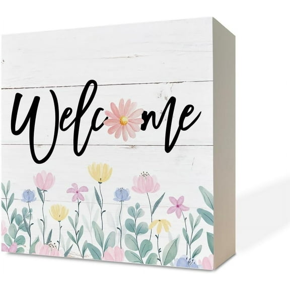 Zomyto 5x5 IN Welcome Sign, Wooden Box Sign Desk Decor, White
