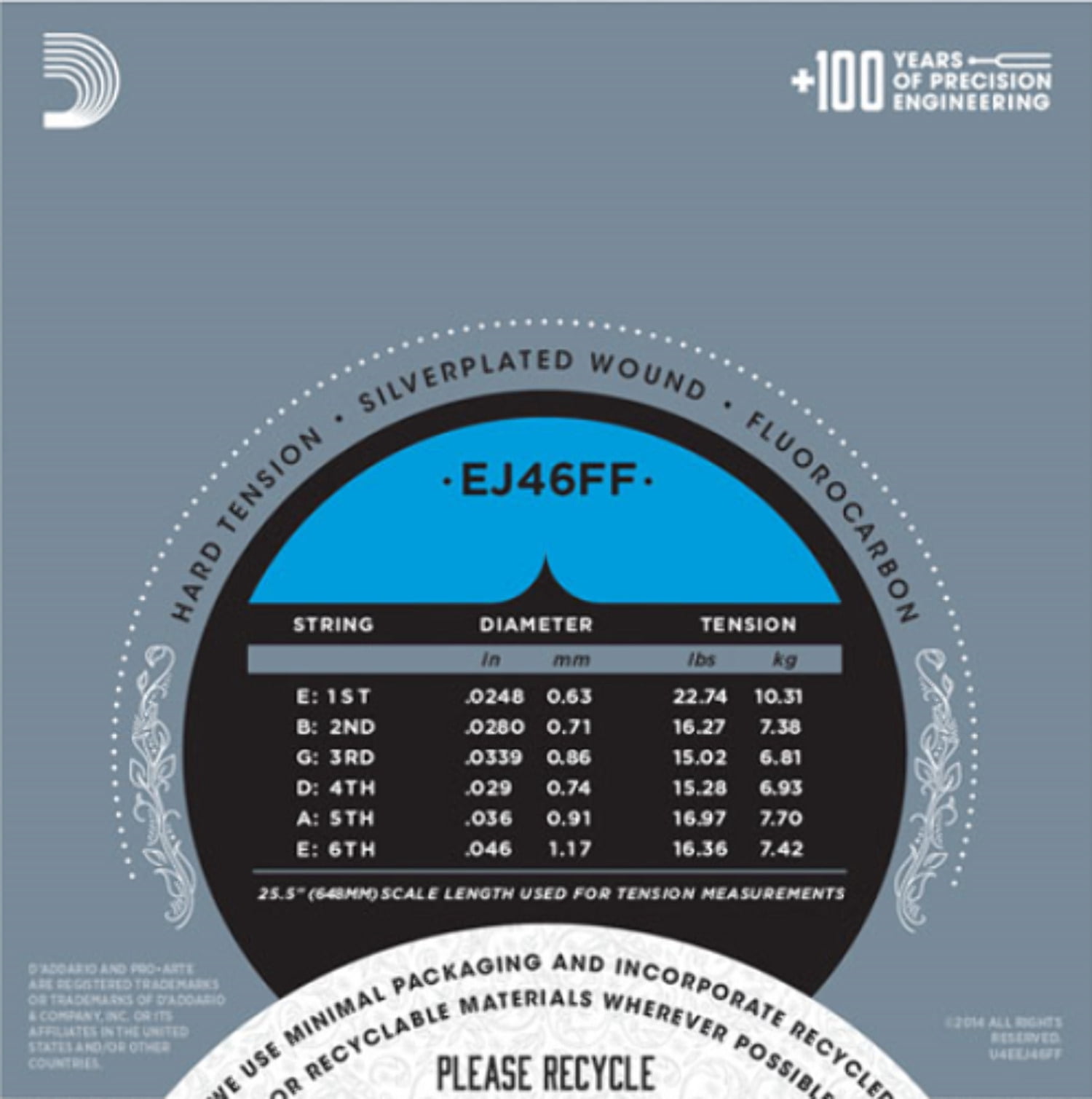 D'Addario EJ46FF Pro-Arté Carbon Classical Guitar Strings, Dynacore Basses, Hard Tension