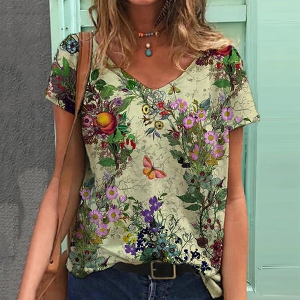 Puntoco Tallas grandes Mujer Manga corta Impreso Cuello en V Tops Camiseta Blusa Puntoco Puntoco-2352