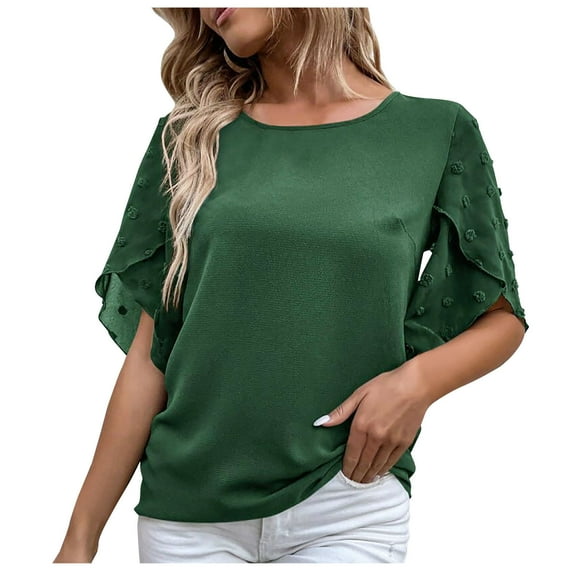 YYDGH Women's Swiss Dot Petal Short Sleeve T-Shirts Crew Neck Solid Color Casual Loose Tops Blouses Green S