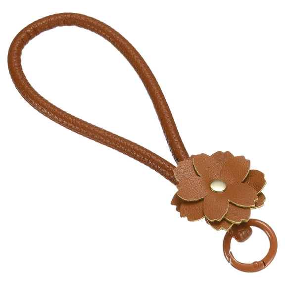 Leather Wristlet Keychain, Cute Car Key Chain Practical Bracelet Key Chain Flower Phone Wrist Strap for Phone Lanyard, Brown