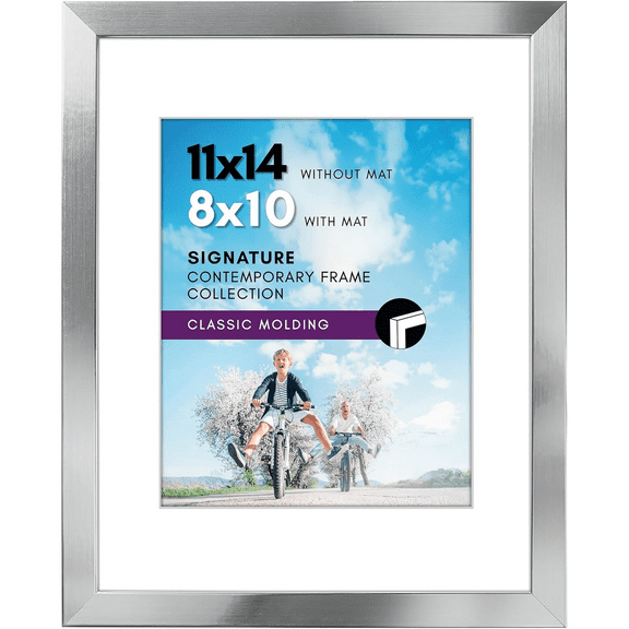 11x14 Picture Frame with Polished Crystal-Clear Glass - Use as 8x10 Frame with Mat or Display 11x14 Photo Without Mat - Signature Collection - Picture Frames for Wall Display - Silver