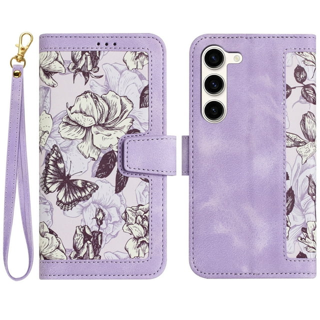 Compatible with Samsung Galaxy S23 5G Vintage Flower Wallet Case Magnetic Closure Cover with Card Slots