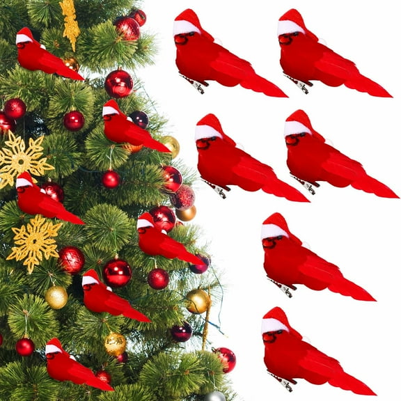 BlinkLLX 10 Pcs Christmas Cardinal Birds Clip on Christmas Tree Ornament Decorations, Small Artificial Red Cardinal Birds with Tiny Hat Feather Decor for Crafts, 4 x 2.4''